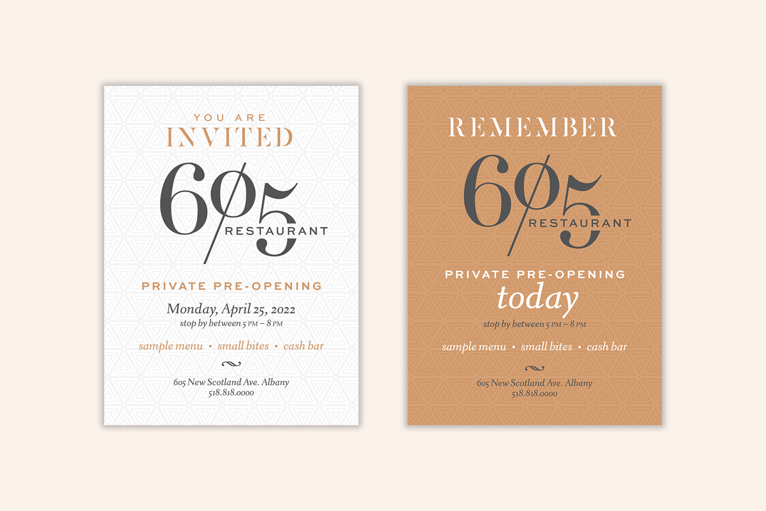 Mockup of opening night invitations for Restaurant 605