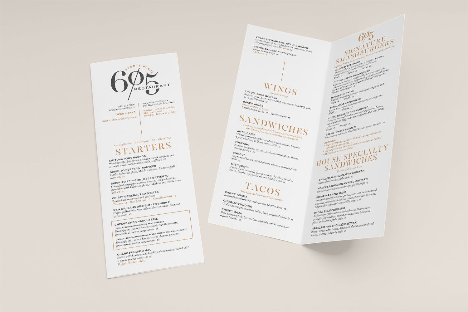 Mockup of Restaurant 605's print menu