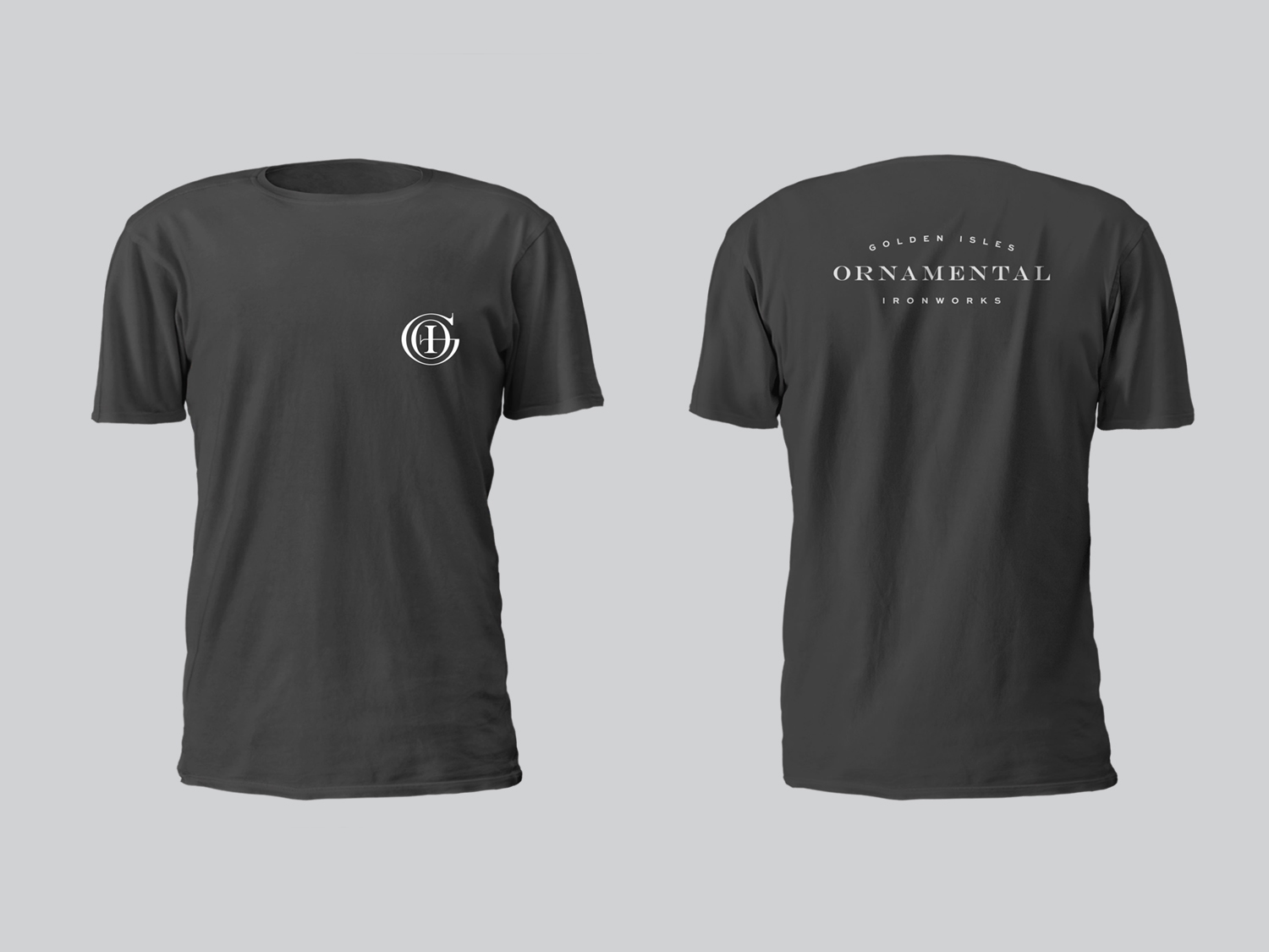 Front and back of black t-shirt design for Golden Isles Ornamental