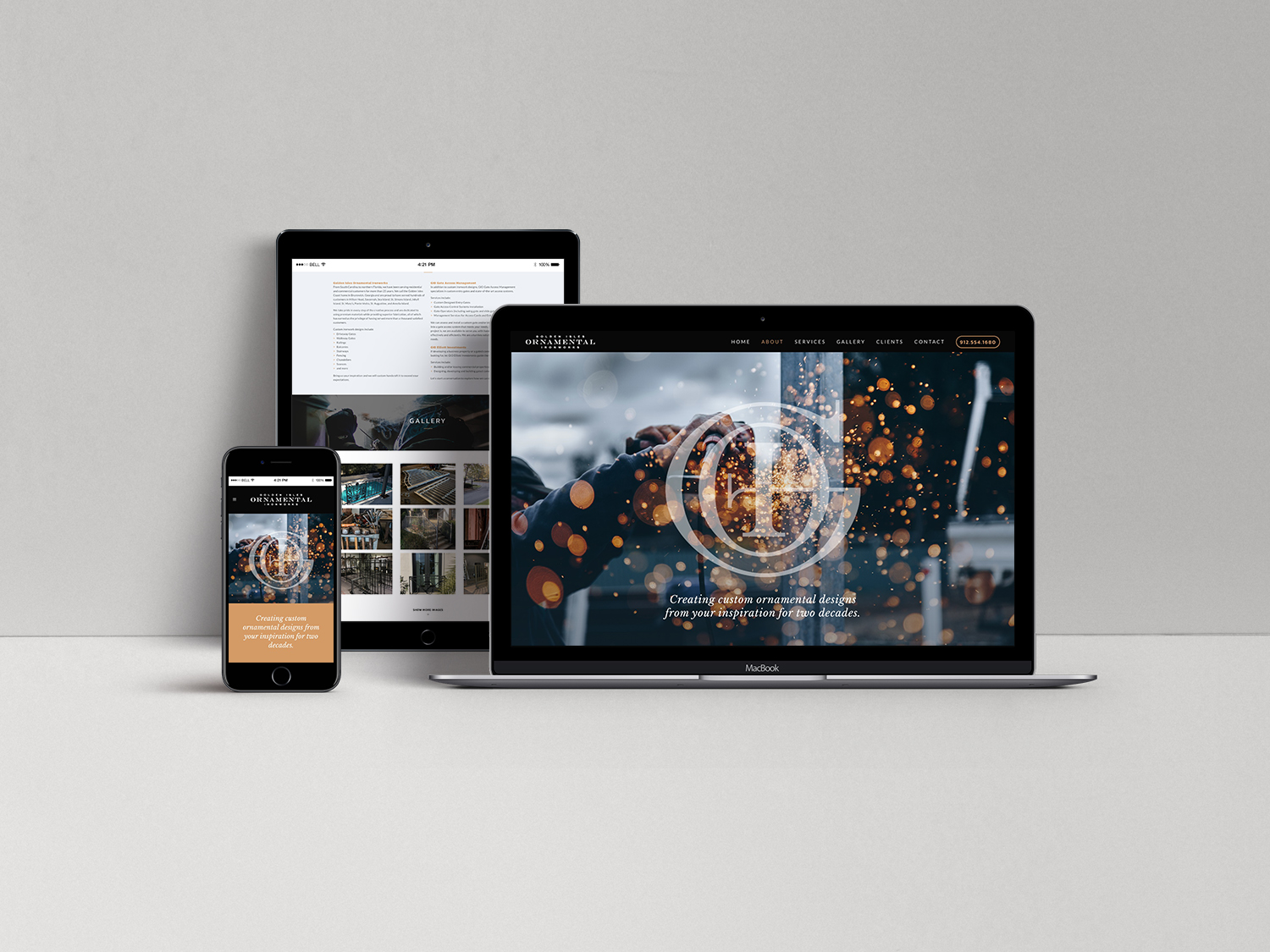 Laptop, tablet, and phone mockup of Golden Isles Ornamental website