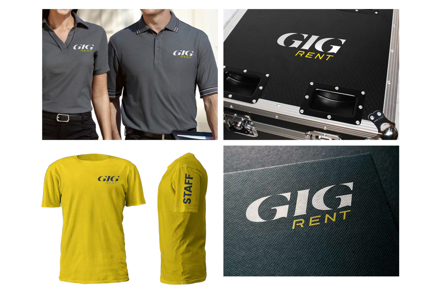 Mockup of GigRent apparel options, including gray tshirt, yellow tshirt, and vinyl sticker