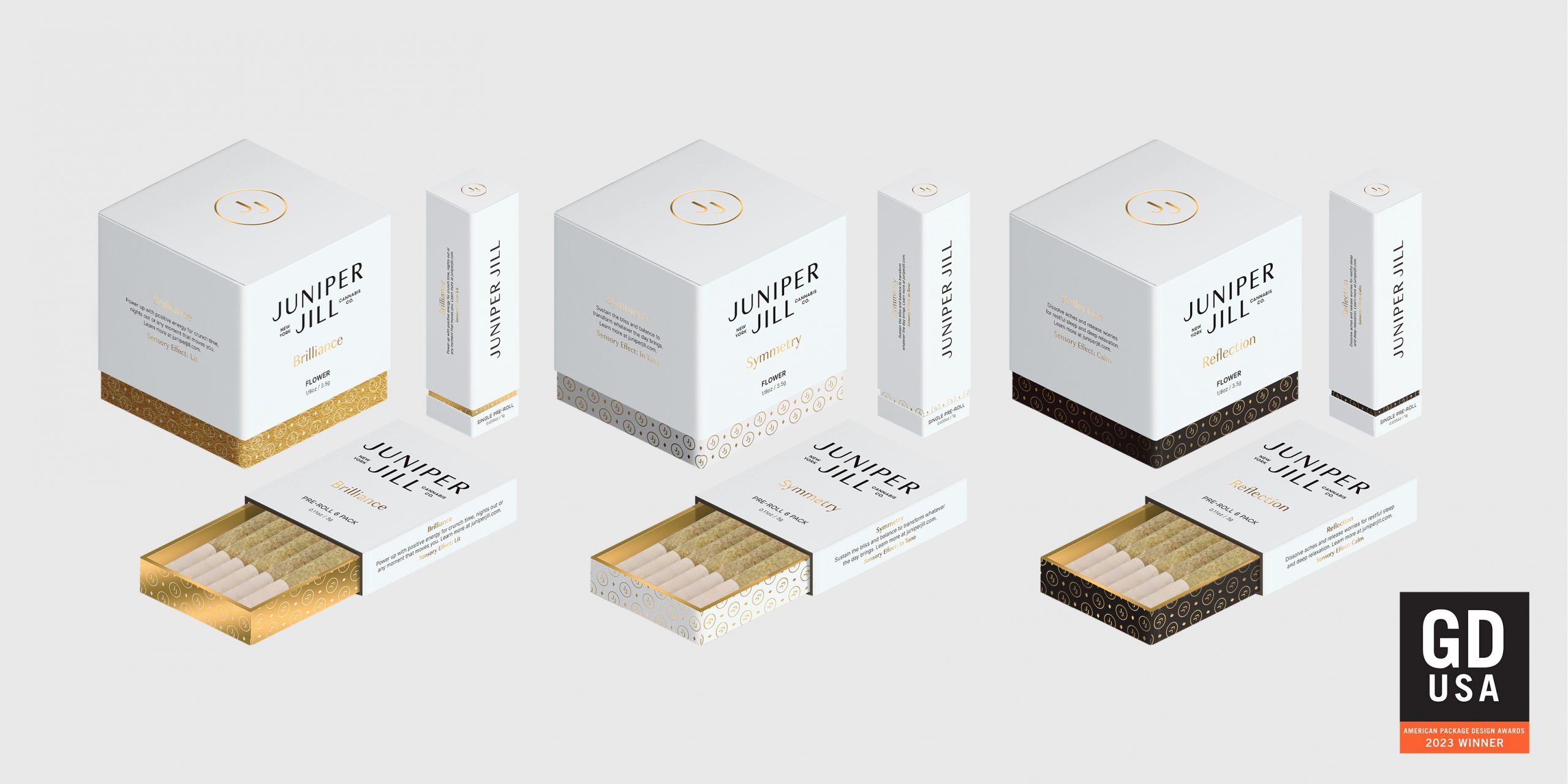 Mockup of white boxes with gold foil and black ink for Juniper Jill's Cannabis product packaging